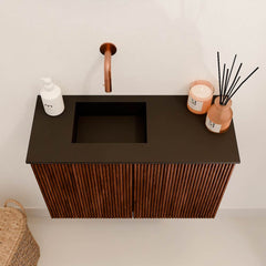 JOYA 60cm toiletmeubel kleur Ruby. Wastafel FAYE positie Links Zonder kraangat kleur Urban.