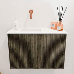 JOYA 60cm toiletmeubel kleur Shadow. Wastafel FAYE positie Links Zonder kraangat kleur Talc.