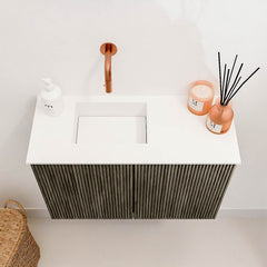 JOYA 60cm toiletmeubel kleur Shadow. Wastafel FAYE positie Links Zonder kraangat kleur Talc.