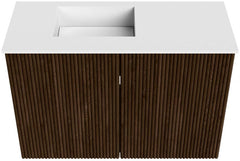 JOYA 60cm toiletmeubel kleur Walnut. Wastafel FAYE positie Links Zonder kraangat kleur Talc.