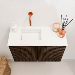 JOYA 60cm toiletmeubel kleur Walnut. Wastafel FAYE positie Links Zonder kraangat kleur Talc.