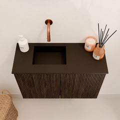 JOYA 60cm toiletmeubel kleur Walnut. Wastafel FAYE positie Links Zonder kraangat kleur Urban.