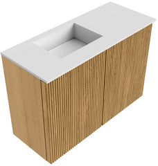 JOYA 60cm toiletmeubel kleur Oak. Wastafel FAYE positie Links 1 kraangat kleur Talc.