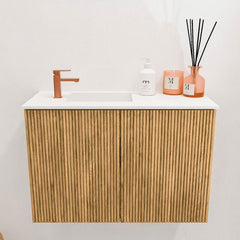 JOYA 60cm toiletmeubel kleur Oak. Wastafel FAYE positie Links 1 kraangat kleur Talc.