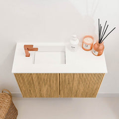 JOYA 60cm toiletmeubel kleur Oak. Wastafel FAYE positie Links 1 kraangat kleur Talc.