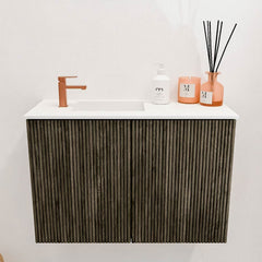 JOYA 60cm toiletmeubel kleur Shadow. Wastafel FAYE positie Links 1 kraangat kleur Talc.