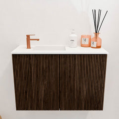JOYA 60cm toiletmeubel kleur Walnut. Wastafel FAYE positie Links 1 kraangat kleur Talc.