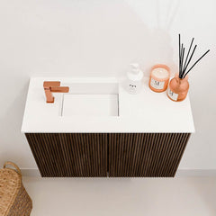 JOYA 60cm toiletmeubel kleur Walnut. Wastafel FAYE positie Links 1 kraangat kleur Talc.