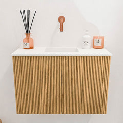 JOYA 60cm toiletmeubel kleur Oak. Wastafel FAYE positie Midden Zonder kraangat kleur Talc.