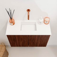 JOYA 60cm toiletmeubel kleur Ruby. Wastafel FAYE positie Midden Zonder kraangat kleur Talc.