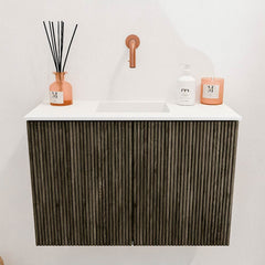 JOYA 60cm toiletmeubel kleur Shadow. Wastafel FAYE positie Midden Zonder kraangat kleur Talc.