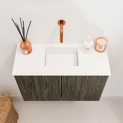 JOYA 60cm toiletmeubel kleur Shadow. Wastafel FAYE positie Midden Zonder kraangat kleur Talc.