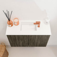 JOYA 60cm toiletmeubel kleur Shadow. Wastafel FAYE positie Midden 1 kraangat kleur Talc.