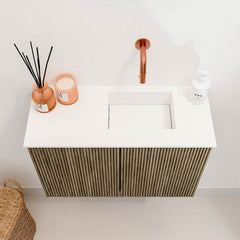 JOYA 60cm toiletmeubel kleur Dusk. Wastafel FAYE positie Rechts Zonder kraangat kleur Talc.