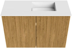 JOYA 60cm toiletmeubel kleur Oak. Wastafel FAYE positie Rechts Zonder kraangat kleur Talc.