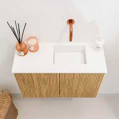 JOYA 60cm toiletmeubel kleur Oak. Wastafel FAYE positie Rechts Zonder kraangat kleur Talc.