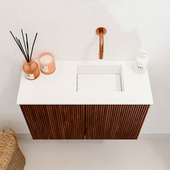 JOYA 60cm toiletmeubel kleur Ruby. Wastafel FAYE positie Rechts Zonder kraangat kleur Talc.