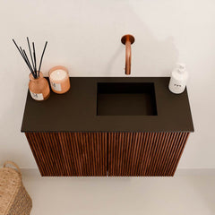 JOYA 60cm toiletmeubel kleur Ruby. Wastafel FAYE positie Rechts Zonder kraangat kleur Urban.