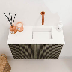 JOYA 60cm toiletmeubel kleur Shadow. Wastafel FAYE positie Rechts Zonder kraangat kleur Talc.