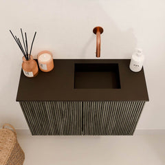 JOYA 60cm toiletmeubel kleur Shadow. Wastafel FAYE positie Rechts Zonder kraangat kleur Urban.