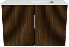 JOYA 60cm toiletmeubel kleur Walnut. Wastafel FAYE positie Rechts Zonder kraangat kleur Talc.