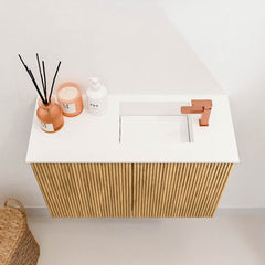 JOYA 60cm toiletmeubel kleur Oak. Wastafel FAYE positie Rechts 1 kraangat kleur Talc.