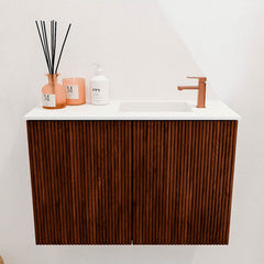 JOYA 60cm toiletmeubel kleur Ruby. Wastafel FAYE positie Rechts 1 kraangat kleur Talc.