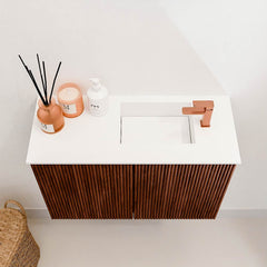 JOYA 60cm toiletmeubel kleur Ruby. Wastafel FAYE positie Rechts 1 kraangat kleur Talc.