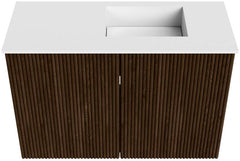 JOYA 60cm toiletmeubel kleur Walnut. Wastafel FAYE positie Rechts 1 kraangat kleur Talc.