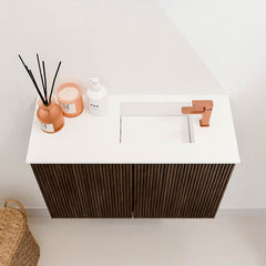 JOYA 60cm toiletmeubel kleur Walnut. Wastafel FAYE positie Rechts 1 kraangat kleur Talc.