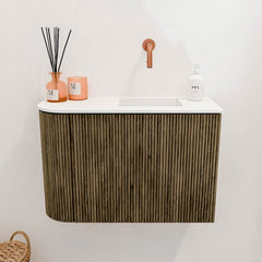 JOYA 61,6cm toiletmeubel ronding links kleur Dusk. Wastafel FAYE positie Rechts Zonder kraangat kleur Talc.