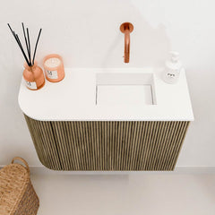 JOYA 61,6cm toiletmeubel ronding links kleur Dusk. Wastafel FAYE positie Rechts Zonder kraangat kleur Talc.