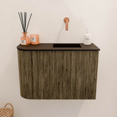 JOYA 61,6cm toiletmeubel ronding links kleur Dusk. Wastafel FAYE positie Rechts Zonder kraangat kleur Urban.