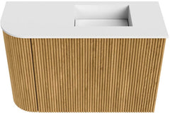 JOYA 61,6cm toiletmeubel ronding links kleur Oak. Wastafel FAYE positie Rechts Zonder kraangat kleur Talc.