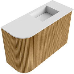 JOYA 61,6cm toiletmeubel ronding links kleur Oak. Wastafel FAYE positie Rechts Zonder kraangat kleur Talc.