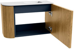 JOYA 61,6cm toiletmeubel ronding links kleur Oak. Wastafel FAYE positie Rechts Zonder kraangat kleur Talc.