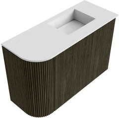 JOYA 61,6cm toiletmeubel ronding links kleur Shadow. Wastafel FAYE positie Rechts Zonder kraangat kleur Talc.