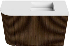 JOYA 61,6cm toiletmeubel ronding links kleur Walnut. Wastafel FAYE positie Rechts Zonder kraangat kleur Talc.