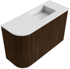 JOYA 61,6cm toiletmeubel ronding links kleur Walnut. Wastafel FAYE positie Rechts Zonder kraangat kleur Talc.