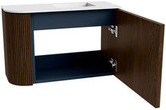 JOYA 61,6cm toiletmeubel ronding links kleur Walnut. Wastafel FAYE positie Rechts Zonder kraangat kleur Talc.