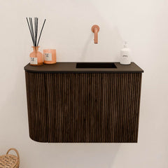 JOYA 61,6cm toiletmeubel ronding links kleur Walnut. Wastafel FAYE positie Rechts Zonder kraangat kleur Urban.