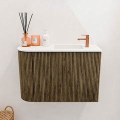 JOYA 61,6cm toiletmeubel ronding links kleur Dusk. Wastafel FAYE positie Rechts 1 kraangat kleur Talc.