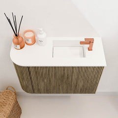 JOYA 61,6cm toiletmeubel ronding links kleur Dusk. Wastafel FAYE positie Rechts 1 kraangat kleur Talc.