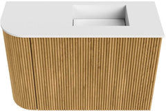 JOYA 61,6cm toiletmeubel ronding links kleur Oak. Wastafel FAYE positie Rechts 1 kraangat kleur Talc.