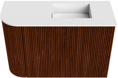 JOYA 61,6cm toiletmeubel ronding links kleur Ruby. Wastafel FAYE positie Rechts 1 kraangat kleur Talc.