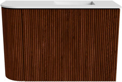 JOYA 61,6cm toiletmeubel ronding links kleur Ruby. Wastafel FAYE positie Rechts 1 kraangat kleur Talc.