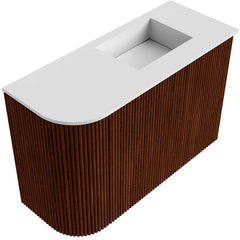 JOYA 61,6cm toiletmeubel ronding links kleur Ruby. Wastafel FAYE positie Rechts 1 kraangat kleur Talc.