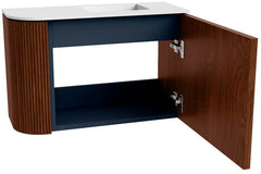 JOYA 61,6cm toiletmeubel ronding links kleur Ruby. Wastafel FAYE positie Rechts 1 kraangat kleur Talc.