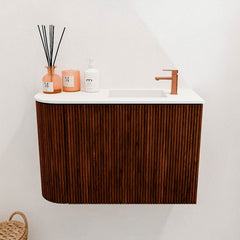 JOYA 61,6cm toiletmeubel ronding links kleur Ruby. Wastafel FAYE positie Rechts 1 kraangat kleur Talc.