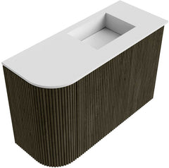 JOYA 61,6cm toiletmeubel ronding links kleur Shadow. Wastafel FAYE positie Rechts 1 kraangat kleur Talc.